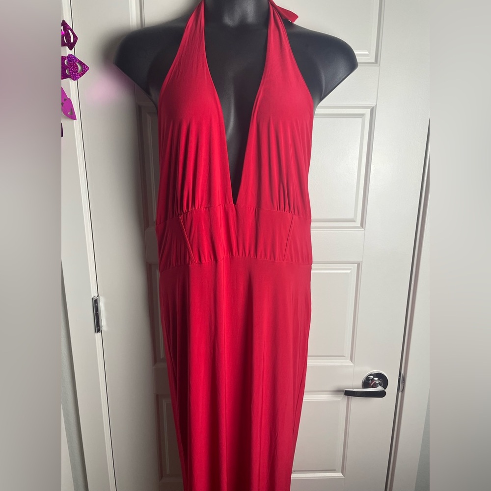 Boohoo Plus Red Halter Neck Corset Detail Maxi Dress Size 16
